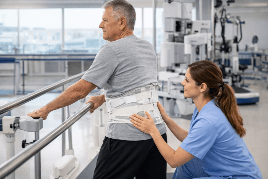 Rehabilitácia prebieha vo viacerých fázach. V prvých dňoch sa pacient učí bezpečne vstávať z postele, správne si sadať, chodiť bez preťaženia operovaného segmentu a aktivovať stred tela.